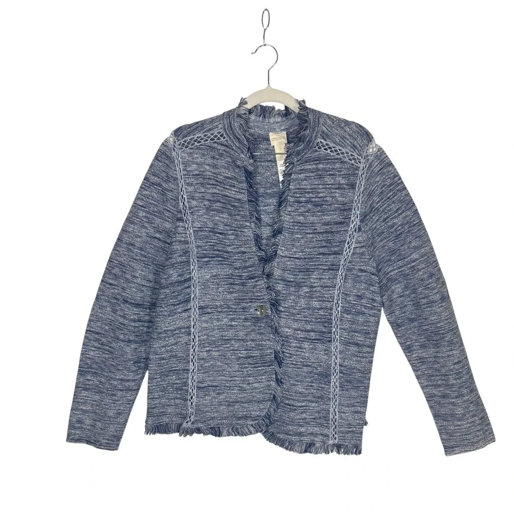 Chico's Knit Cardigan 2 Large Blue Fringe Crochet Trim Cotton Linen Coastal Chic